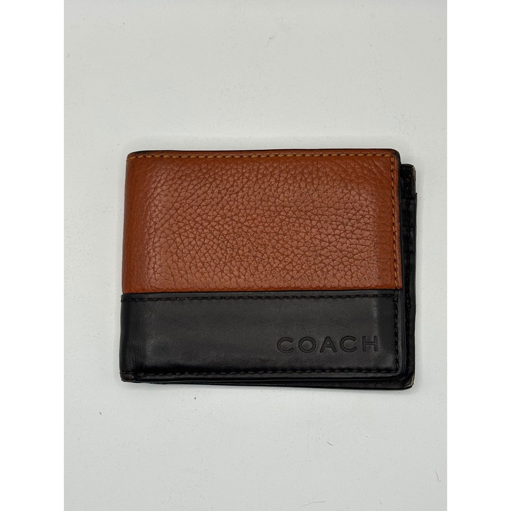 Coach Mens Bifold Wallet Brown Black Pebbled Leather Two Tone Logo
